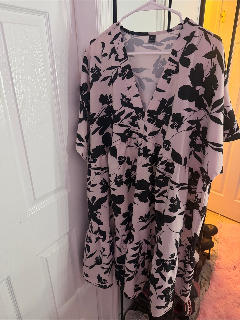 Plus Floral Print Pink and Black V-Neck Women’s Dress